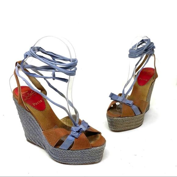 Vintage Christian Louboutin Bow Accent blue espadrille wedge gladiator sandals